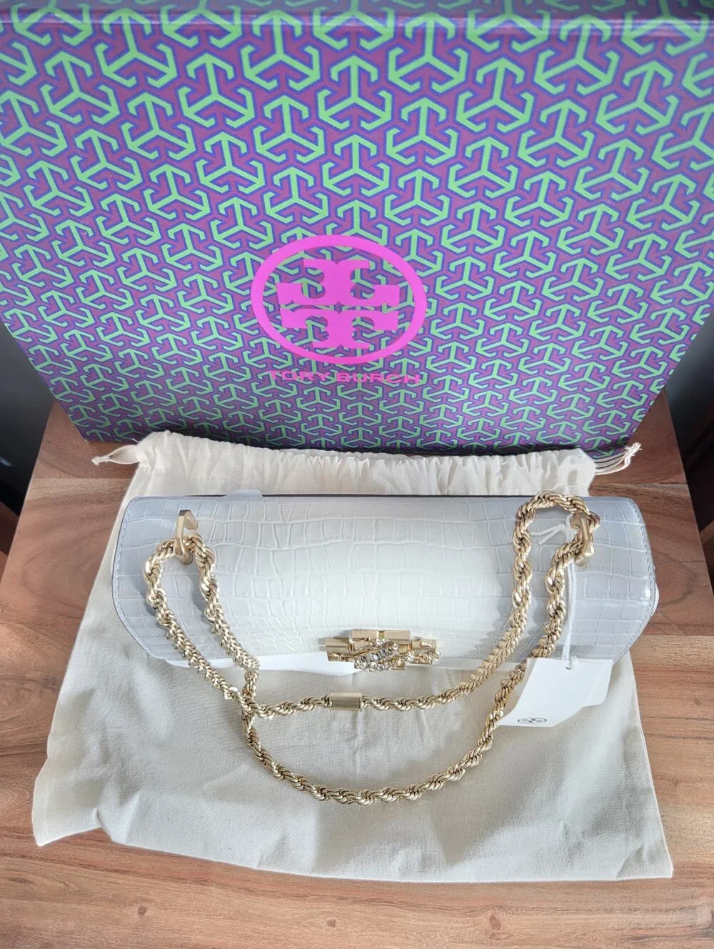 NWT Tory Burch White Croc Embossed Leather Eleanor Dragon Rectangular Bag